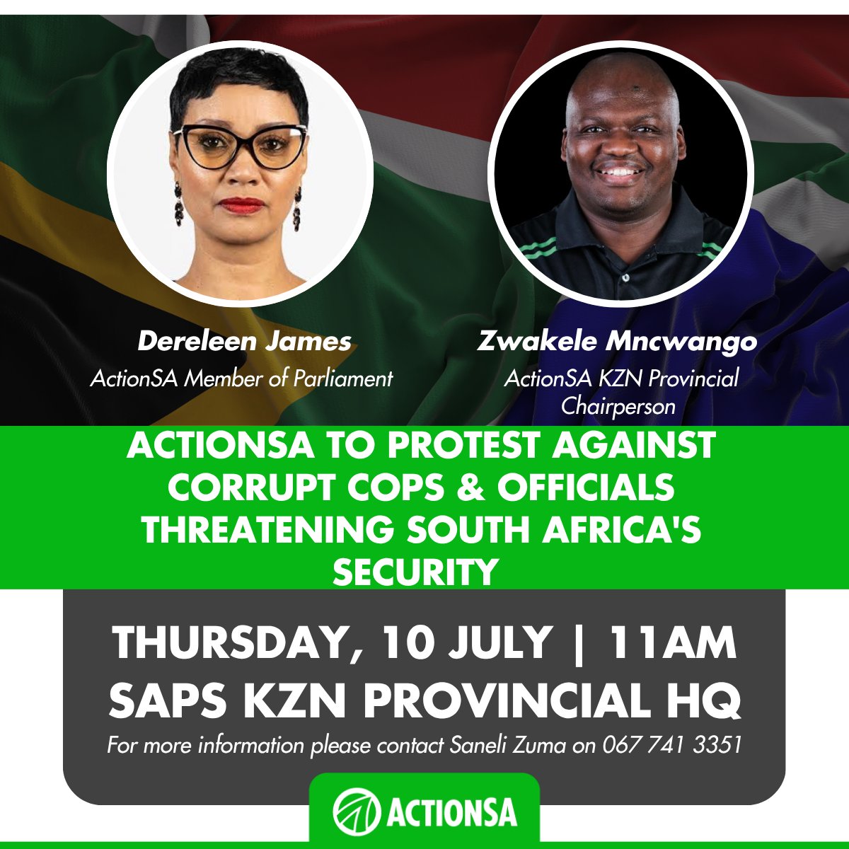 ActionSA (@action4sa) on Twitter photo On Thursday, ActionSA Member of the Police Portfolio Committee <a href="/DereleenJ/">Dereleen James MP</a> MP and KZN Provincial Chairperson @ZwakeleM will lead a protest outside the KZN Provincial Headquarters of the SAPS.
Following the recent explosive allegations made by KZN Police Commissioner On Thursday, ActionSA Member of the Police Portfolio Committee <a href="/DereleenJ/">Dereleen James MP</a> MP and KZN Provincial Chairperson @ZwakeleM will lead a protest outside the KZN Provincial Headquarters of the SAPS.
Following the recent explosive allegations made by KZN Police Commissioner