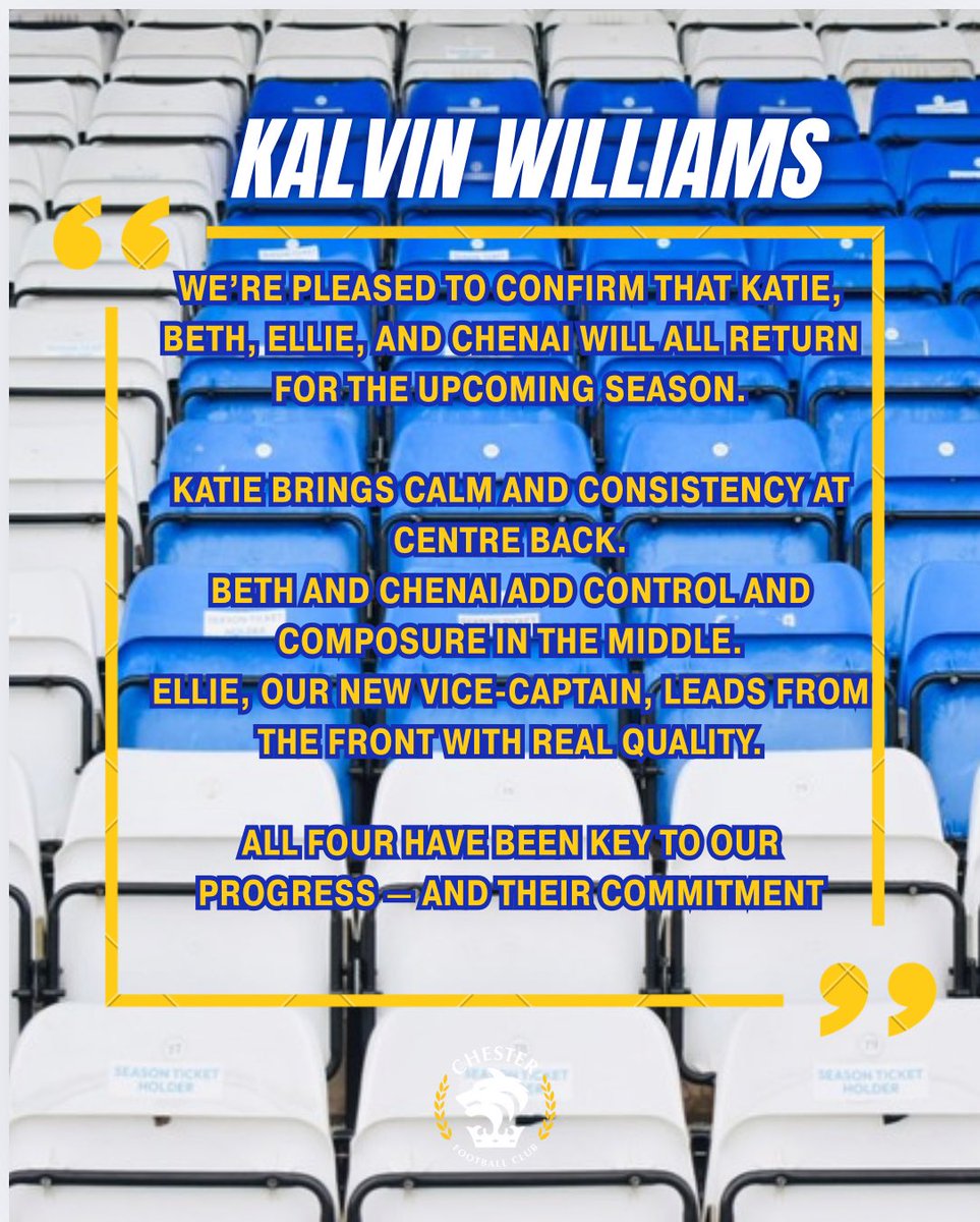 We’re pleased to confirm that Chenai, Katie, Beth and Ellie are all staying for the 25/26 season 💙

Katie brings calm, Beth and Chenai add control, and Ellie — our new vice-captain — leads with real quality.

All four have been key to our progress. Let’s go again 🔵