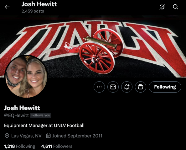 CriddleBenjamin's tweet photo. Josh Hewitt is back at the University of Nevada, Las Vegas (UNLV), stepping into the role of Equipment Manager for the Rebel football program following a 4 year stint at Brigham Young University (BYU).

During his tenure at BYU, Hewitt was responsible for overseeing equipment logistics and operations for the Cougars’ football program. His work involved managing equipment distribution, maintaining compliance with NCAA regulations, and collaborating closely with coaching staff to enhance player safety and performance.

Certified by the Athletic Equipment Managers Association since 2015, Hewitt’s extensive background includes equipment roles at Fresno State and Central Arkansas. He also worked in professional sports, including a six-year stretch with the NFL’s St. Louis Rams and four years on the grounds crew for Major League Baseball’s Kansas City Royals.

A former football player himself, Hewitt was a four-year starter at NAIA’s Avila University in Kansas City, Missouri, where he earned a bachelor’s degree in sports science in 2012. His family has long-standing involvement in athletic equipment management,  his grandfather and father both served as equipment managers for NFL and collegiate teams, and his brother is the Director of Equipment Operations at Fresno State.

As UNLV’s Equipment Manager, Hewitt will oversee all facets of equipment operations, including policy development and logistics.