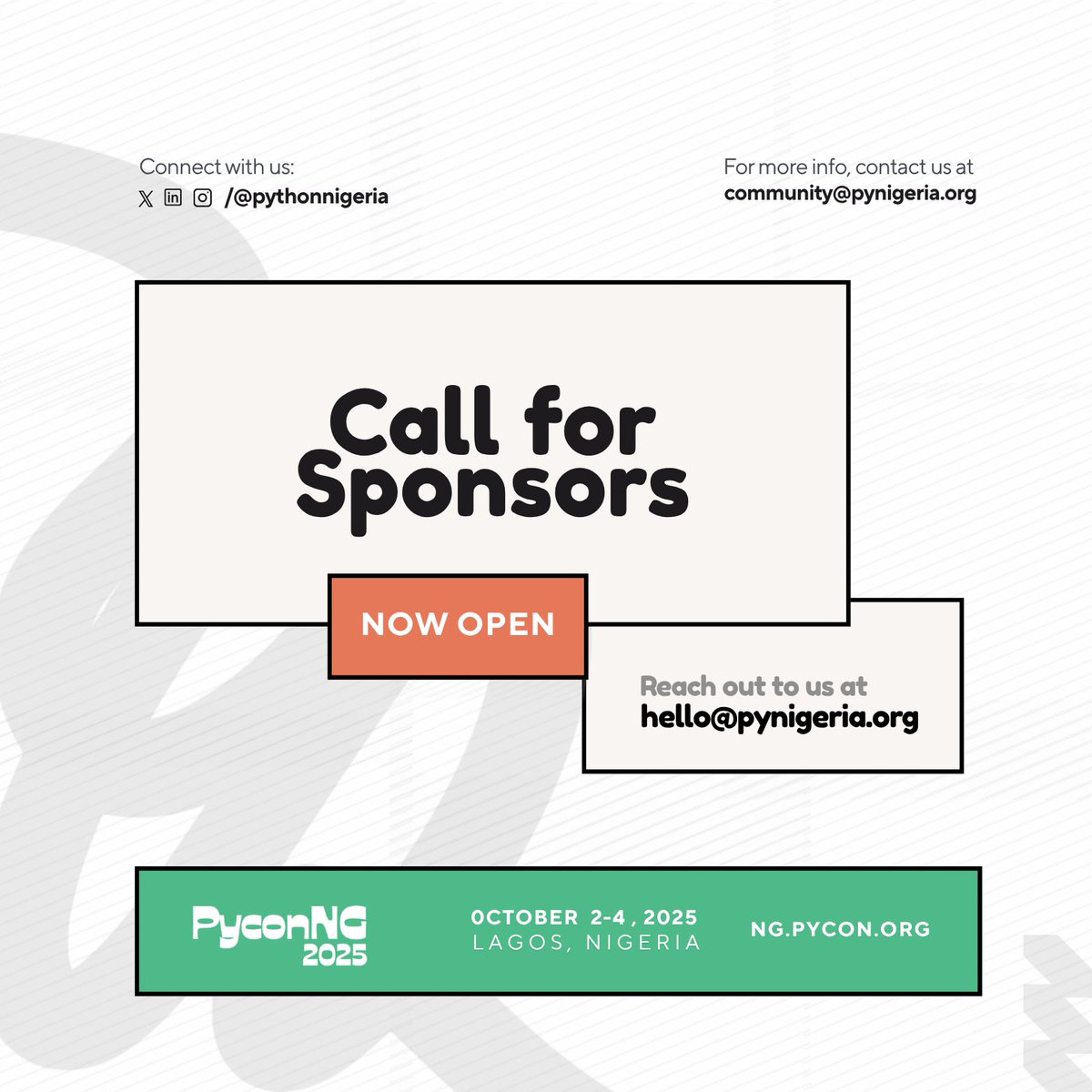 Sponsorships are now open for #PyConNG2025!

Join us in powering Africa’s biggest Python conference. 

Why sponsor? 

Reach 2K+ devs, data &amp; AI talent
Brand visibility
Talent &amp; hiring access
Diversity impact (PyLadies, DjangoGirls, Students)

Visit: 
ng.pycon.org/sponsors/packa…