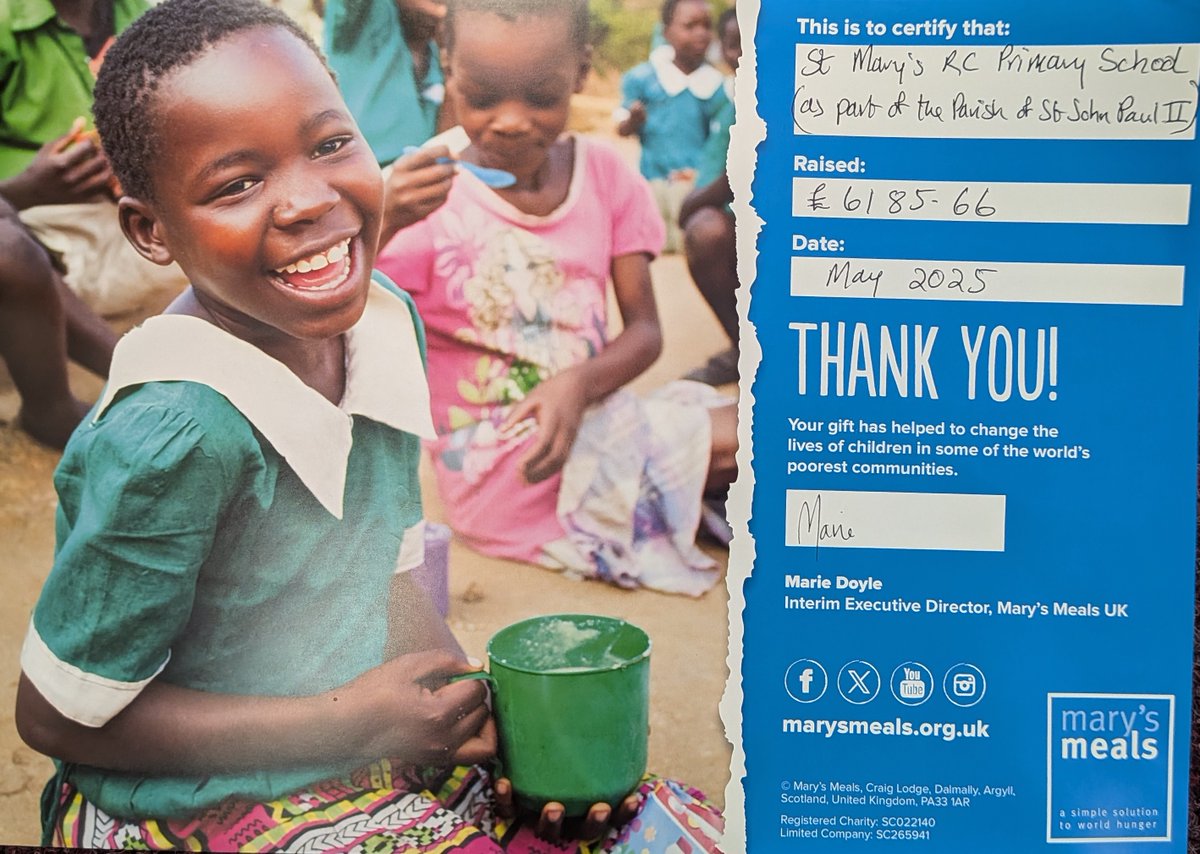 StMarysRCEccles's tweet photo. A huge thank you to all the parents and our amazing community for helping us raise money for Mary’s Meals. Thanks to your generosity, we've helped feed so many children in need. Your kindness truly makes a difference! 💙🍽️  #ThankYou @MarysMeals https://t.co/NAaNBdrijo