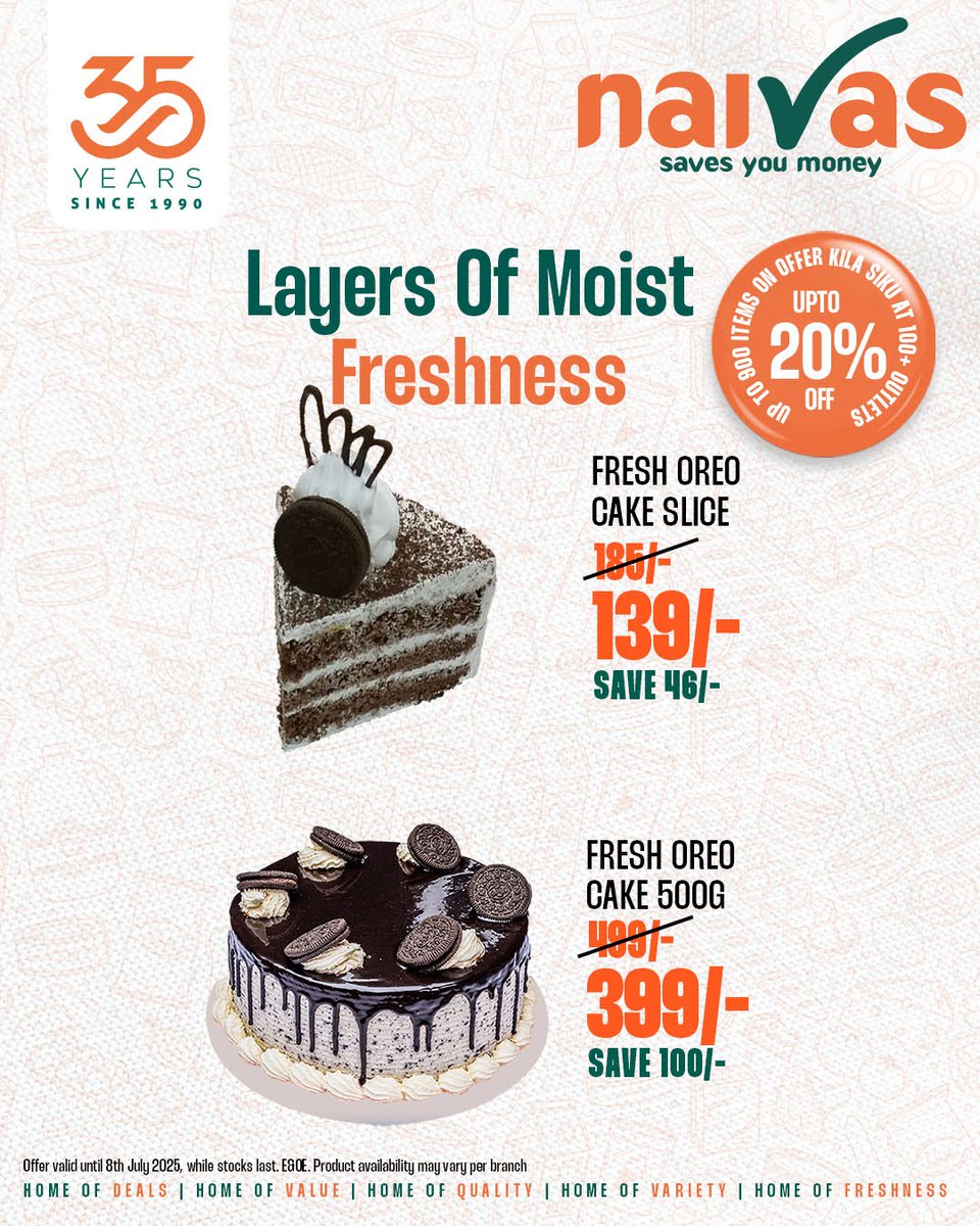 Hakuna time, harakisha tupatane Naivas juu keki si ya harusi pekee. 😂

Treat yourself to a slice of the mouth-watering fresh Oreo Cake or even get the 500g.
Click to shop online: naivas.online

📌Valid until 8/7/2025
#NaivasAt35 #CelebrateNaivasAt35 #35YearsOfDeals