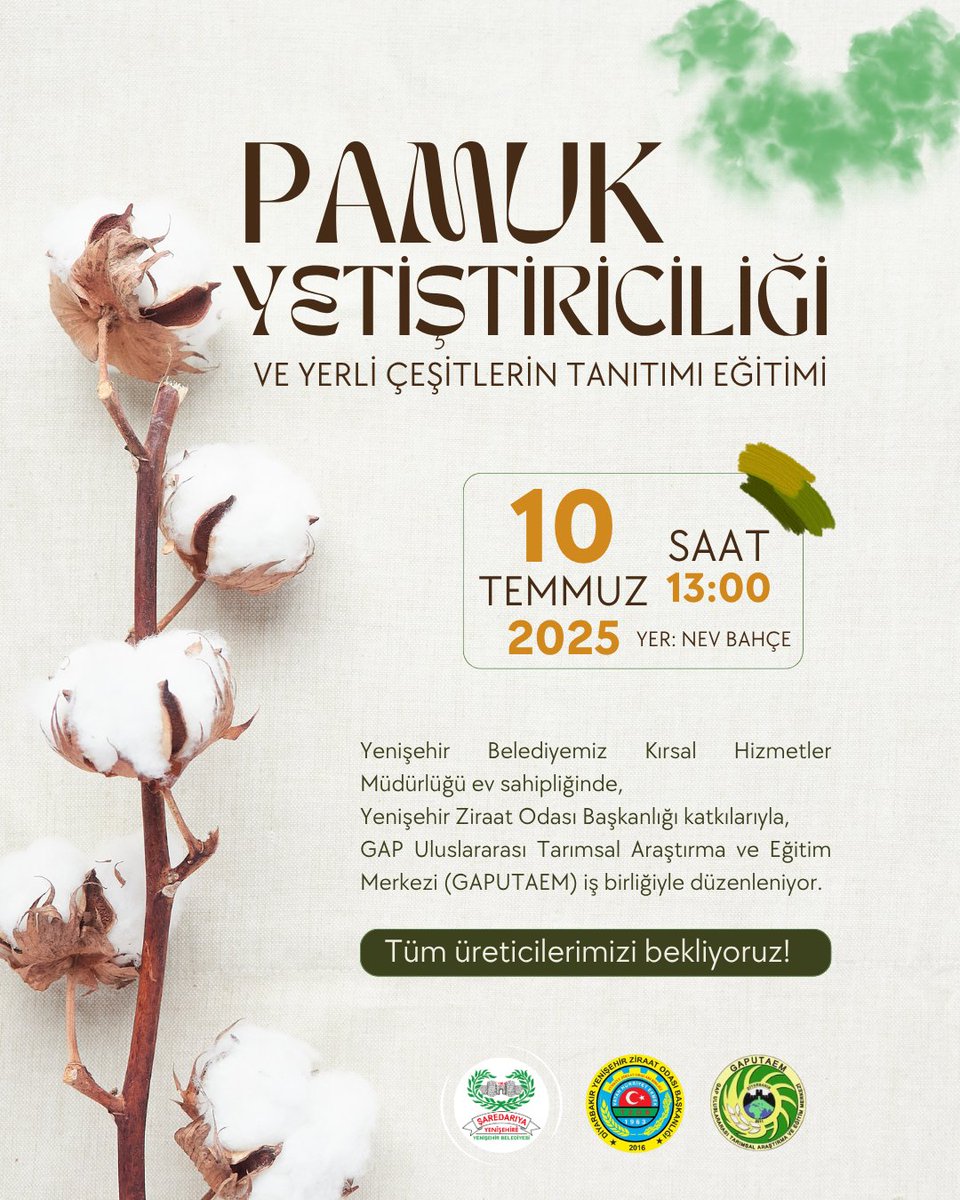 Yenisehirbld21's tweet photo. 📣 Perwerdeya Çandiniya Pembû

🌾 Bi mazûvaniya Gerînendetiya Karûbarên Gundewarî ya şaredariya me, bi tevkariya Serokatiya Odeya Çandiniyê ya Yenişehirê û bi hevkariya Gerînendetiya Navenda Lêkolîn û Perwerdeyê ya Çandiniyê ya Navneteweyî ya GAPê (GAPUTAEM), perwerdeyeke bi navê “Çandiniya Pembûyê û Nasandina Hin Cureyên Herêmî” tê lidarxistin.

📍 Cih: Nev Baxçe
📅 Dîrok: 10ê Tîrmeha 2025an, Pêncşem
🕐 Saet: 13.00

👩‍🌾👨‍🌾 Em li benda hemû cotkarên ku bi çandiniya pembûyê re eleqedar in ne.

⬇️⬇️

📣 Pamuk Yetiştiriciliği Eğitimi

🌿 Yenişehir Belediyesi Kırsal Hizmetler Müdürlüğümüzün ev sahipliğinde, Yenişehir Ziraat Odası Başkanlığı’nın katkılarıyla, GAP Uluslararası Tarımsal Araştırma ve Eğitim Merkezi Müdürlüğü (GAPUTAEM) iş birliğiyle “Pamuk Yetiştiriciliği ve Bazı Yerli Çeşitlerin Tanıtılması” konulu bir eğitim düzenlenecektir.

📘 Eğitim kapsamında;

🔎 Dünyada ve Türkiye’de pamuk tarımı
🌤️ Pamuğun iklim ve toprak isteği
🚜 Toprak hazırlığı
💧 Bitki besleme ve sulama
🧺 Hasat ve depolama süreçleri
🌱 Yerli pamuk çeşitlerinin tanıtımı
📊 Pamuk yetiştiriciliğinin ekonomik değerlendirmesi
başlıkları ele alınacaktır.

📍 Yer: Nev Bahçe
📅 Tarih: 10 Temmuz 2025, Perşembe
🕐 Saat: 13.00

🤝 Pamuk üretimiyle ilgilenen tüm çiftçilerimizi ve tarıma gönül veren yurttaşlarımızı bekliyoruz.

#amed #diyarbakir #yenisehir