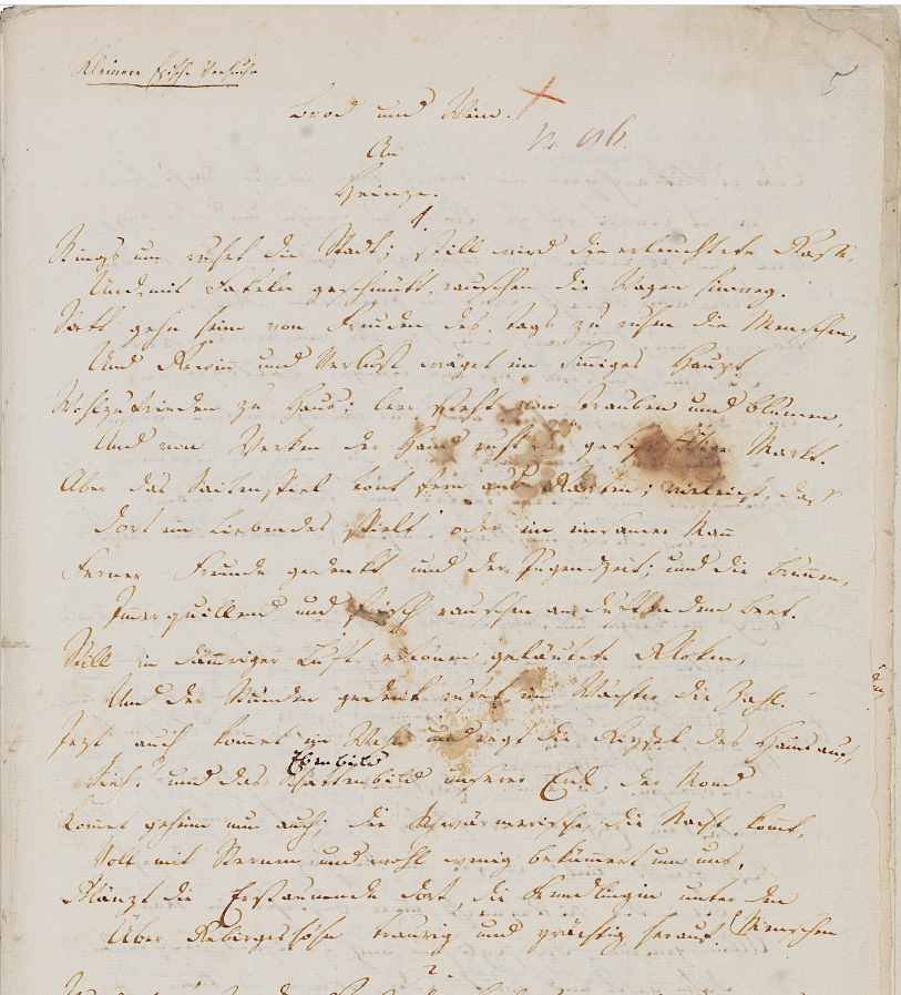 Heute geht es im Seminar zu Hölderlin und Hegel um die erste Strophe von Hölderlins Elegie »Brod und Wein«, separat publiziert unter dem Titel »Die Nacht« im »Musenalmanach für das Jahr 1807«

Links der Erstdruck, rechts die erste Strophe im »Homburger Folioheft«.