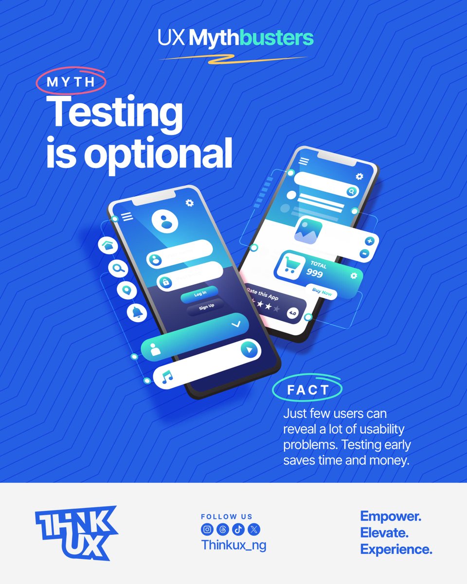 thinkUX_ng's tweet image. ❌ MYTH: Testing is optional.
✅ FACT: Testing early saves you time, money, and headaches.
Join us at the @thinkUX_ng design and tech event this November for hands-on workshops and expert sessions on building products users love.
Stay tuned for more details!
#thinkUX