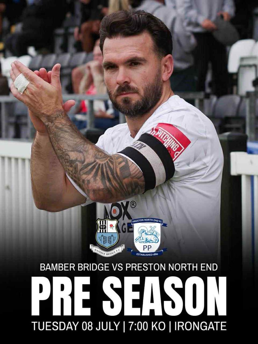 ⚽️ MATCHDAY ⚽️

Come and join us this evening as we welcome <a href="/pnefc/">Preston North End FC</a> 

⏰ 7pm (gates 5.30pm)
🏆 The Gerry Lawson Memorial Trophy
💷 £10/5 pay on the gate (cash or card)
🛒 25/26 kits on sale from <a href="/TheTeamStop/">The Team Stop</a> pop up kit shop

More info here: clubs.footballwebpages.co.uk/BamberBridge/m… #UpTheBrig