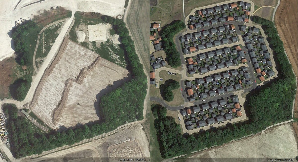 TimothyDaw's tweet image. Golfhenge (and its little hengiform neighbour just to the top right of the trees) in on the old golf driving range at Larkhill in 2018 and afterwards. Pictures from Google Earth .