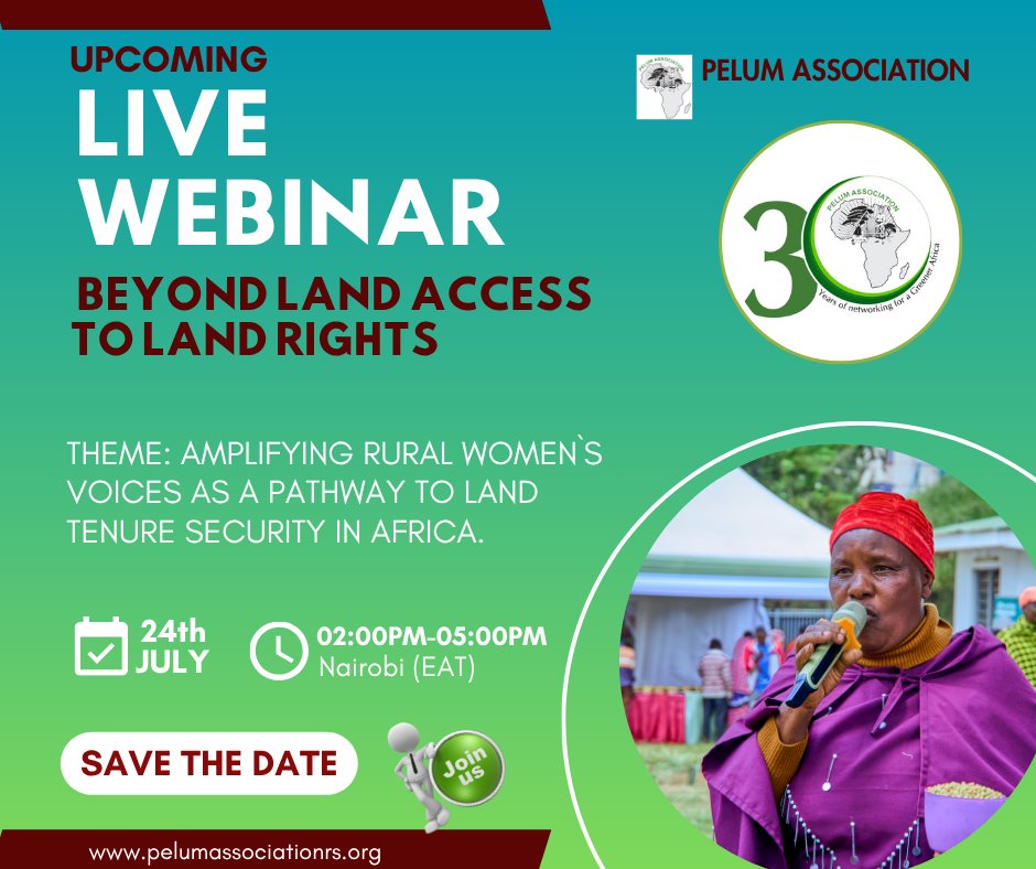 SAVE THE DATE!
 Join us on 24TH July 2025 | 2–5PM EAT for our webinar: 
“Beyond Land Access to Land Rights” 
🌱 Amplifying rural women's voices for land tenure security in Africa. 
📷 Stories, strategies &amp; allyship in focus.
🔔 Details soon!
#SecureHerLand #LandRights #RuralWomen