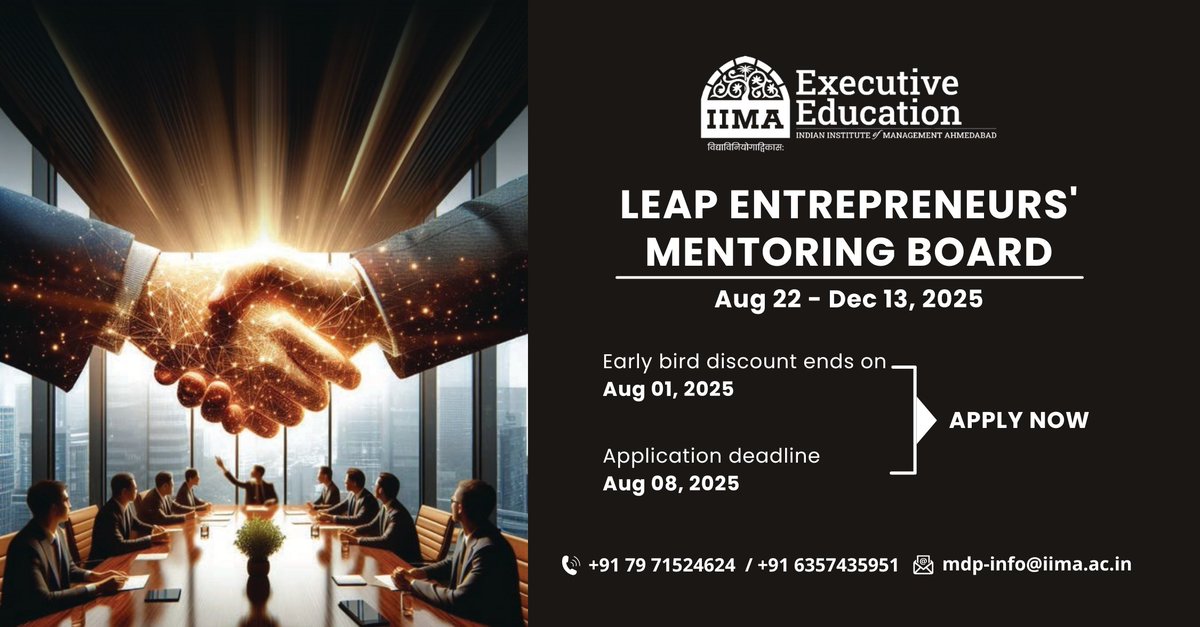 LEAP-EMB at #IIMAhmedabad isn’t a workshop. It’s a space for #entrepreneurs to think clearly, lead better &amp; solve real challenges- with structure, #mentorship &amp; peers who get it. Applications open: lnkd.in/dKaBaby4