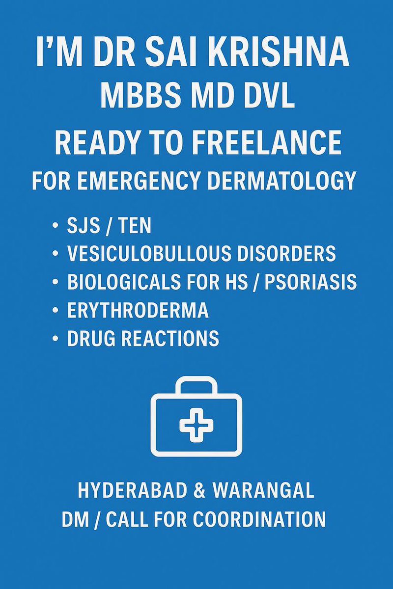 I'm Dr. Sai Krishna (MBBS, MD DVL)
Freelancing Consultant Dermatologist — Ready for emergency dermatology coordination in Hyderabad &amp; Warangal.
Special interests: SJS/TEN, vesiculobullous disorders, erythroderma, biologics, drug reactions.
DM for coordination.
#Dermatology