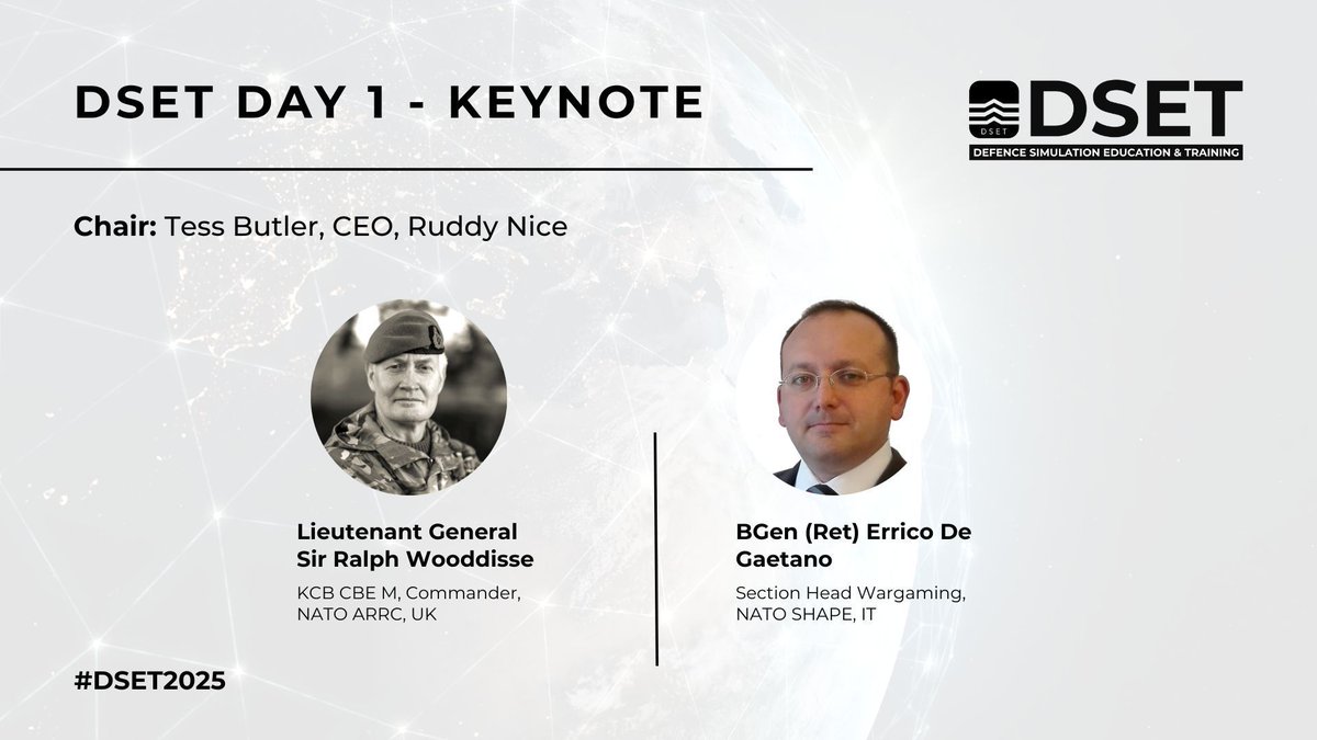 DSET_EVENT's tweet image. DSET Day 1 Tuesday Keynote session starts at 9am today!
#DSET #DSET2025 #Wargaming #NATO #MilitaryTraining #Defence
