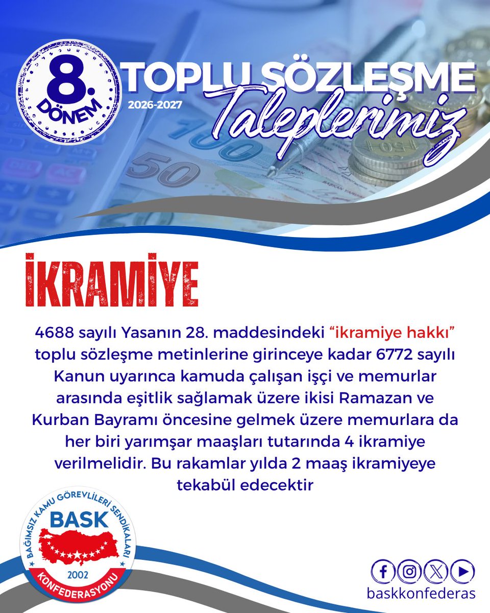 İKRAMİYE MEMURLARA DA VERİLMELİDİR
Kamuda çalışan işçilere 1956 tarihinden beri 6772 sayılı Yasa uyarınca Cumhurbaşkanlığı Kararları ile her yıl yarım aylıkları tutarında 4 adet ilave tediye (ikramiye) ödenmektedir.

2018’de yapılan düzenleme ile de tüm emekliler bayramda