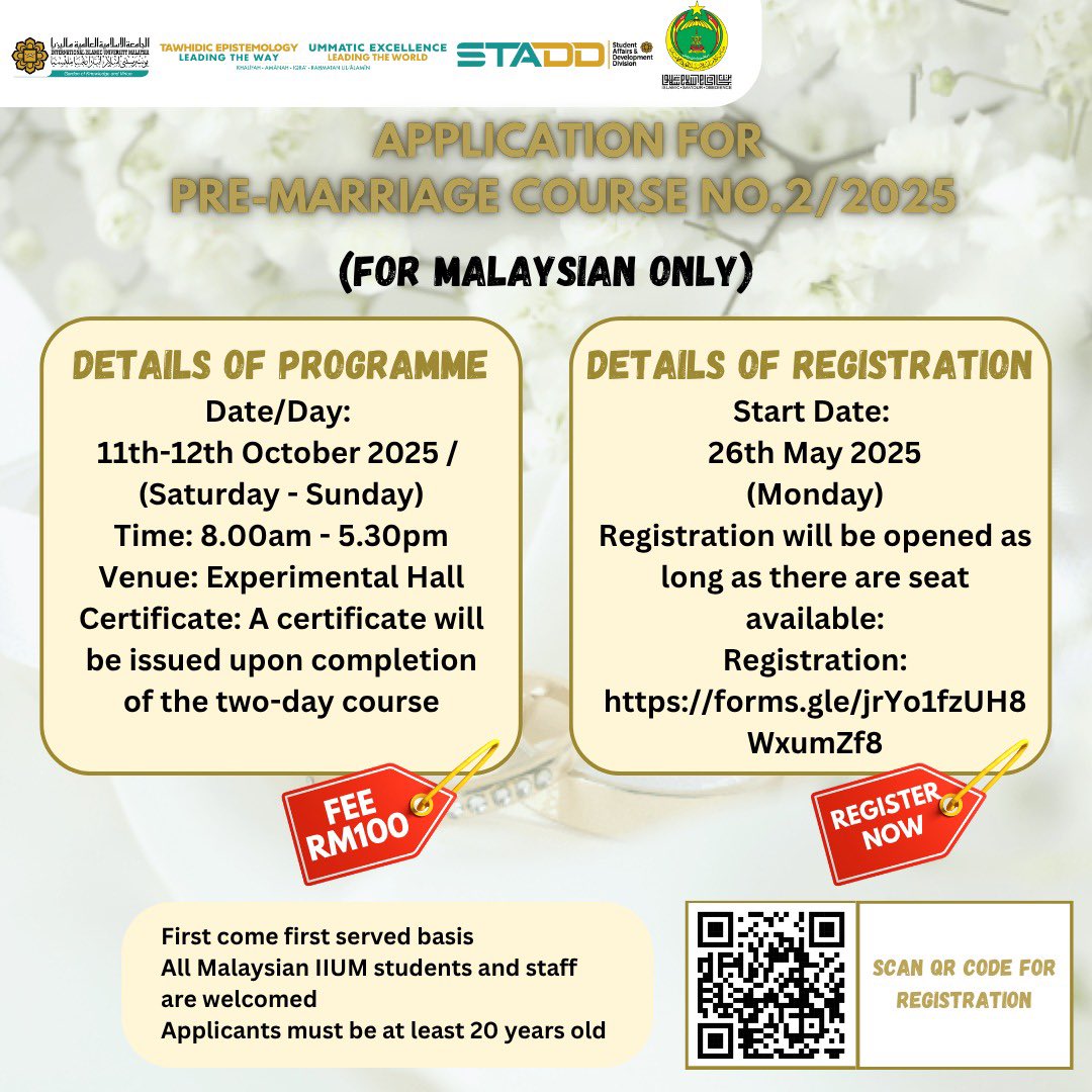 STADD_IIUM's tweet photo. All Malaysian Students and Staff
International Islamic University Malaysia

Assalamu’alaikum wrt. wbt.

Dear Br./Sr,

PRE-MARRIAGE COURSE NO.2/2025 (FOR IIUM MALAYSIAN ACTIVE STUDENT AND STAFF ONLY)

The above matter is kindly referred. https://t.co/Vk4XvQzZMM
