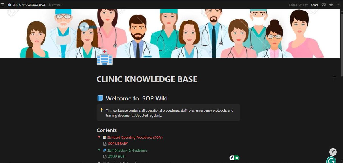 Blue___Min's tweet image. Built a tidy clinic Notion wiki, I just love it when chaos is organised.
📁 SOPs
👥 Staff directory and guidelines
🎓 Training
📝 Forms
No more disorganised confusion; everything is in one place.
@omoalhajaabiola @skill_afrika_ 
#notion #HealthAdmin #WorkflowDesign