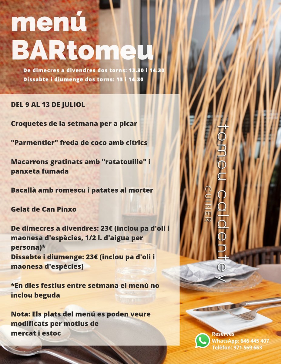 📣 Menú BARtomeu | Julio / July 9 — 13
🍴 Esta semana en BARtomeu te proponemos un menú lleno de sabores frescos, caseros y sorprendentes. El bar de Tomeu Caldentey Cuiner 😋<a href="/TomeuCaldentey/">Tomeu Caldentey</a> #23EurosDeSabor #SaComa