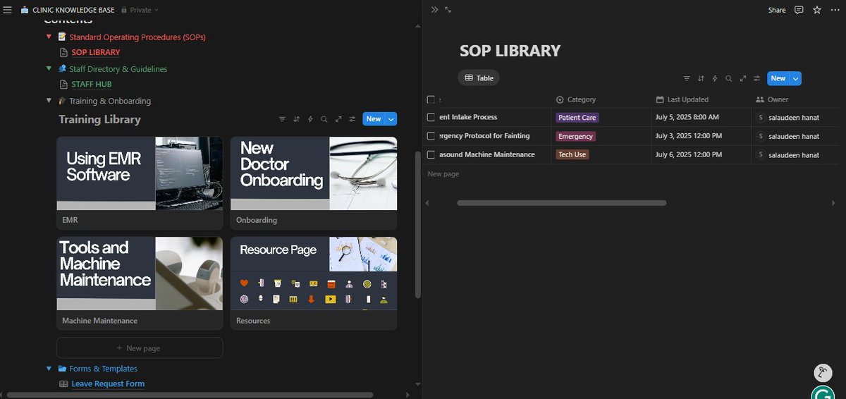 Blue___Min's tweet image. Built a tidy clinic Notion wiki, I just love it when chaos is organised.
📁 SOPs
👥 Staff directory and guidelines
🎓 Training
📝 Forms
No more disorganised confusion; everything is in one place.
@omoalhajaabiola @skill_afrika_ 
#notion #HealthAdmin #WorkflowDesign