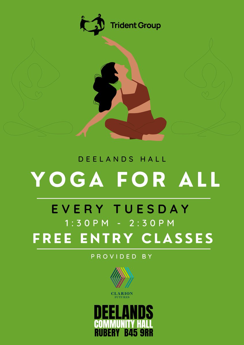 tridentgrp's tweet image. Come and enjoy a FREE 1hr Yoga Class at Deelands Hall! 🧘♀️
Every Tuesday from 1:30pm - 2:30pm ⏰
📍 Deelands Hall, Rubery, B45 9RR