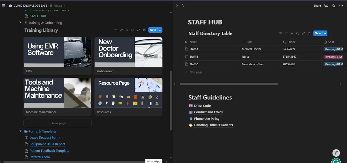 Blue___Min's tweet image. Built a tidy clinic Notion wiki, I just love it when chaos is organised.
📁 SOPs
👥 Staff directory and guidelines
🎓 Training
📝 Forms
No more disorganised confusion; everything is in one place.
@omoalhajaabiola @skill_afrika_ 
#notion #HealthAdmin #WorkflowDesign