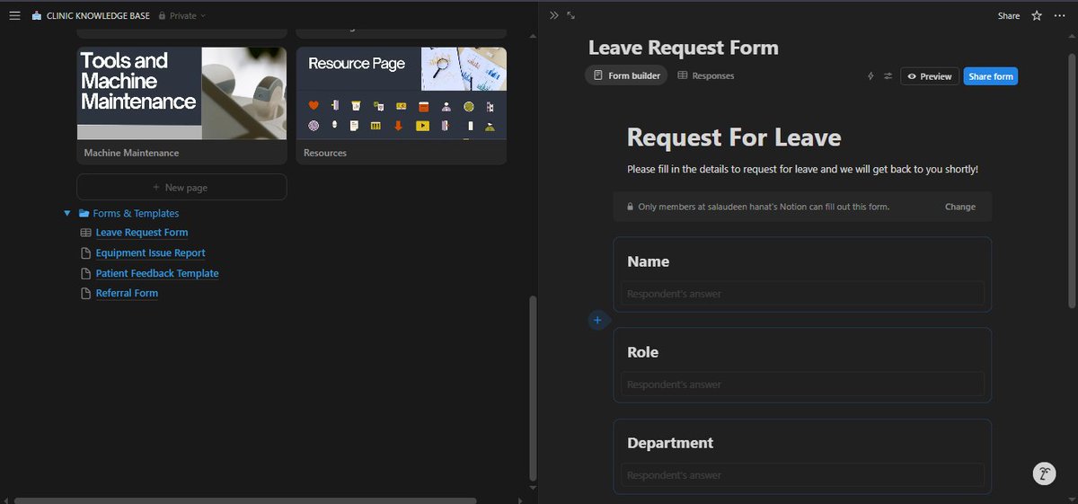 Blue___Min's tweet image. Built a tidy clinic Notion wiki, I just love it when chaos is organised.
📁 SOPs
👥 Staff directory and guidelines
🎓 Training
📝 Forms
No more disorganised confusion; everything is in one place.
@omoalhajaabiola @skill_afrika_ 
#notion #HealthAdmin #WorkflowDesign