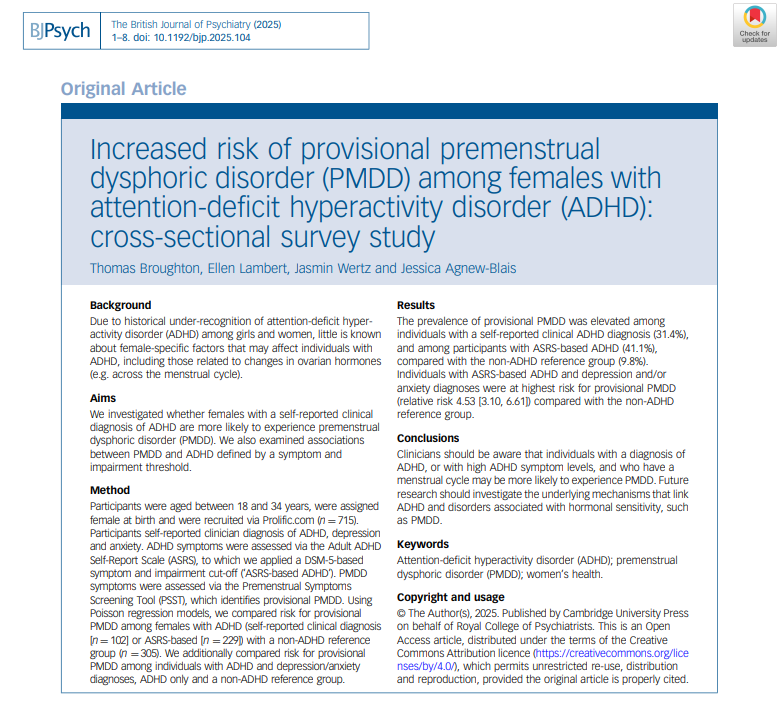 「ADHD」を持つ女性は、PMDD（月経前不快気分障害）を経験しやすい可能性を示唆する研究。
ADHDと診断された女性は、そうでない女性よりPMDDを発症する割合が3～4倍高く、特にうつや不安症を併発している場合、さらにリスクが高くなることが明らかになった。
