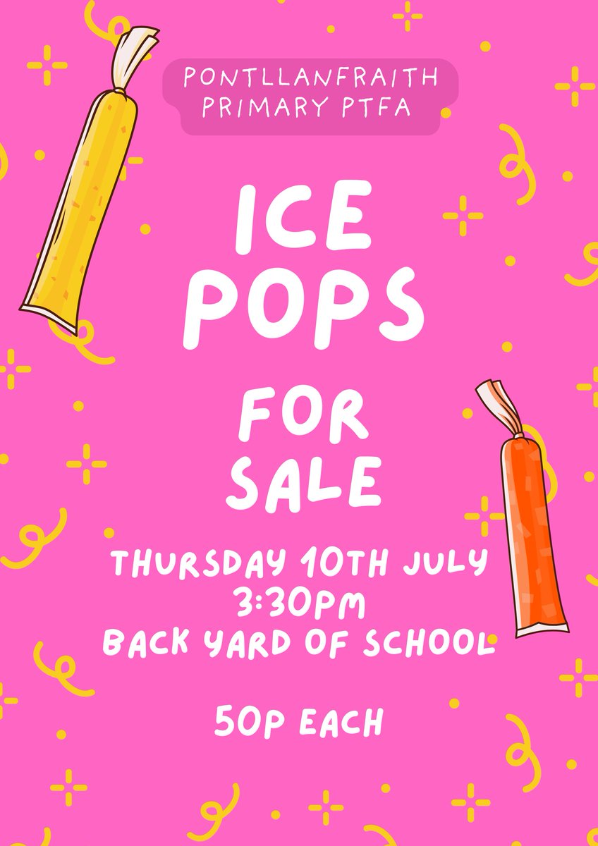 As the weather is warming up, we have decided to hold another ice pop sale after school on Thursday 10th July. Bring some cash for a cold treat on the way home. 
🌞😎. <a href="/PontPrimary/">PontllanfraithPri</a>