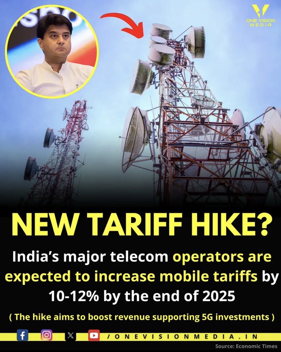 onevision_media's tweet image. India&apos;s major telecom operators are expected to increase mobile tariffs by 10-12% by the end of 2025

#TelecomOperator #India #Tariffs