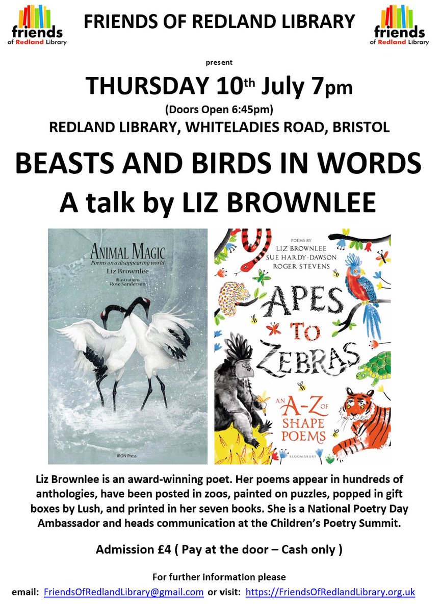 RedlandLibEvent's tweet image. 📣 THIS THURSDAY

Friends of Redland Library event 

🔰 Thursday 10th July    7pm (Doors open 6:45pm)
🔰  Beasts and Birds in Words
🔰  A talk by poet Liz Brownlee 
🔰  #RedlandLibrary #Bristol
🔰  Admission £4    (Pay at the door - Cash only)