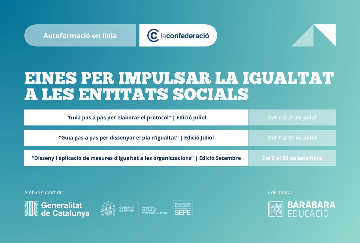 🚨 Últimes places per a la 1a edició de les autoformacions en línia "Eines per impulsar la igualtat a les entitats socials"!

💻 Cursos de durada breu i treball autònom per realitzar al ritme de cadascú.

✍️ Inscripcions fins a l'11/07 (inclòs): tuit.cat/iWzm4