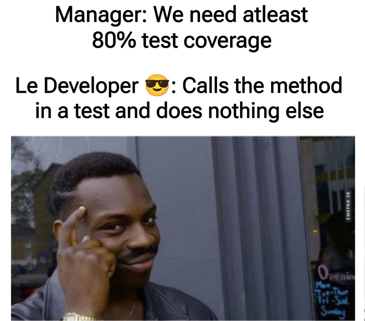 nelkinda's tweet image. 90% test coverage? Done! 😎
One quick hack and we’re golden! 😂
#TDD #DevHumor #SoftwareEngineering
(Meme: Roll Safe, BBC Three)