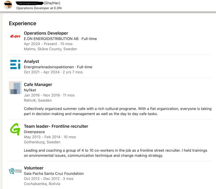 Tjejen som organiserade störande auktioner mot Vattenfalls kolgruvor i Tyskland och hamnen i Göteborg sitter idag på <a href="/EON_SE_en/">E.ON Group</a> med ansvar för deras nätutvecklingsplaner. Det var hon som organiserade protestgruppen Fossilgasfällan som stoppade LNG-hamnen.

svt.se/nyheter/lokalt…