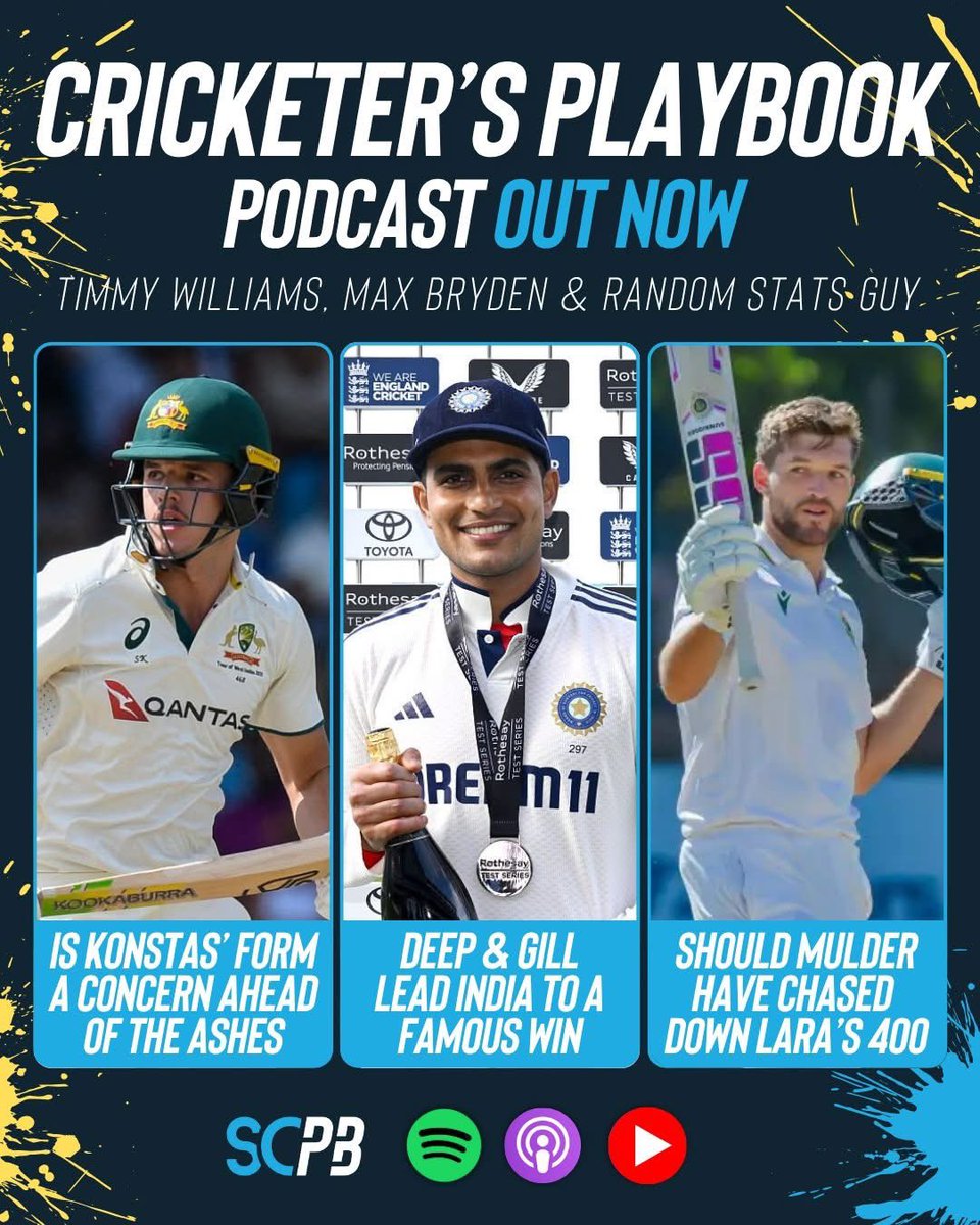 Konstas crisis, Gill and Deep level the series, and would you have declared if you were in Mulder's shoes? 🤔

The Cricketer's Playbook podcast with <a href="/timwill94/">Tim Williams</a> , <a href="/max_smart/">Max Bryden</a>, and <a href="/randostatsguy/">Random Stats Guy</a> is live on YouTube &amp; Apple/Spotify 

📺 tinyurl.com/pm2pfycx