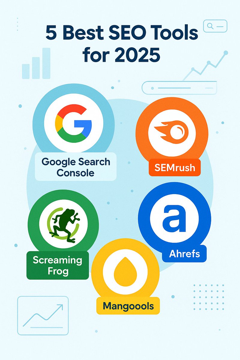 5 Best SEO Tools 2025

Google Search Console bit.ly/4kwqbe2
SEMrush bit.ly/3GxQeU8
Ahrefs bit.ly/4lhZACJ
Screaming Frog bit.ly/3U1APOU
Mangools bit.ly/44iNza1