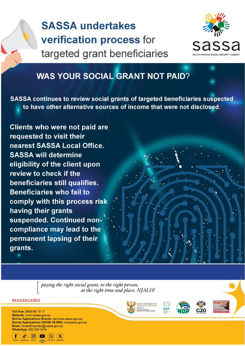 📢 Was your social grant not paid? Clients who were not paid are requested to visit their nearest SASSA Local Office.

<a href="/The_DSD/">Social Development</a> 
<a href="/nda_rsa/">NDA-RSA</a> 
<a href="/GovernmentZA/">South African Government</a> 
<a href="/SisisiTolashe/">Minister Sisisi Tolashe</a>