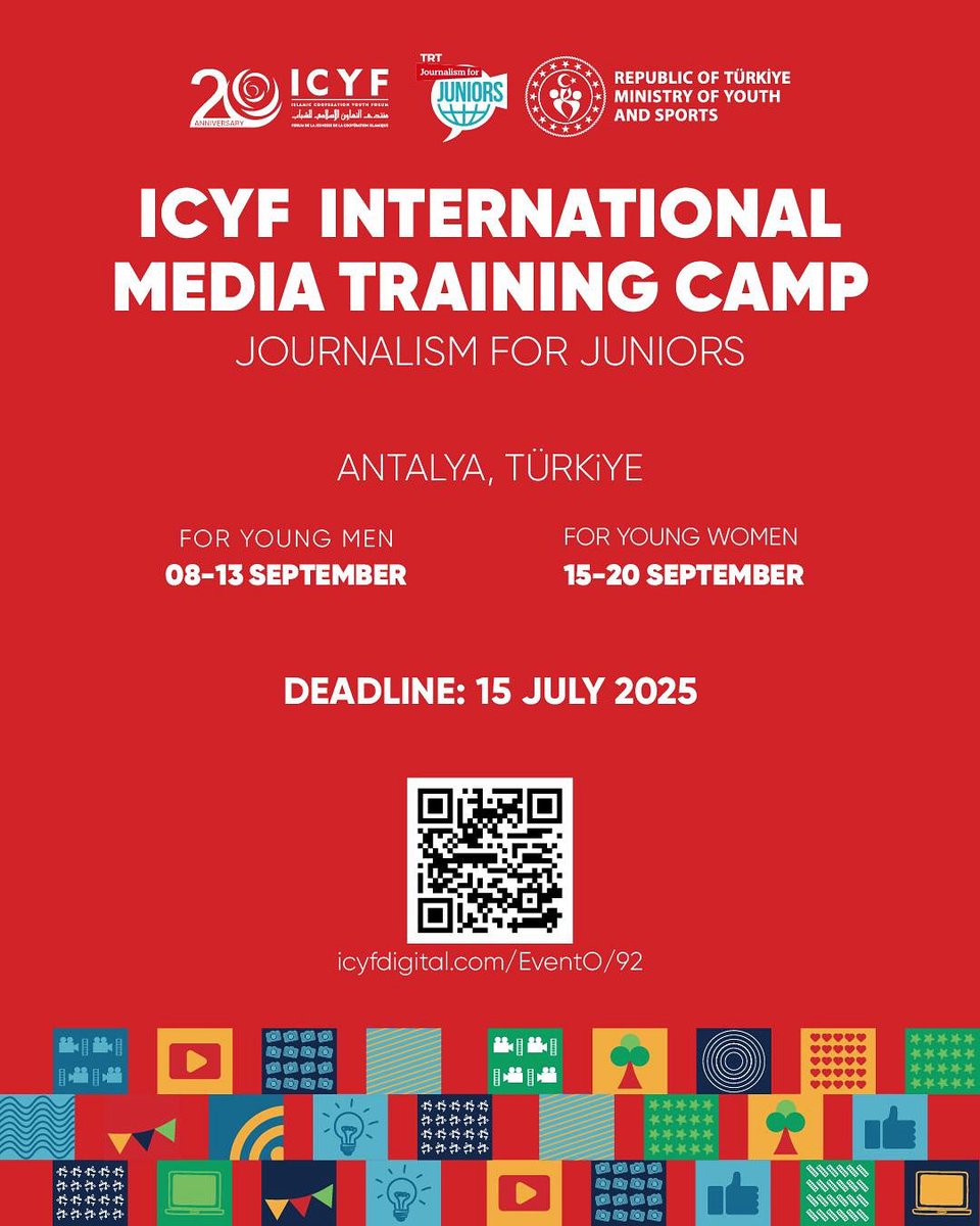 Applications are NOW OPEN!
 ICYF International Media Training Camp 2025 – Journalism for Juniors (J4J)

ICYF, in partnership with the Ministry of Youth and Sports of Türkiye and TRT, is excited to invite young storytellers to Antalya for a transformative 5-day media camp! 🎥📰