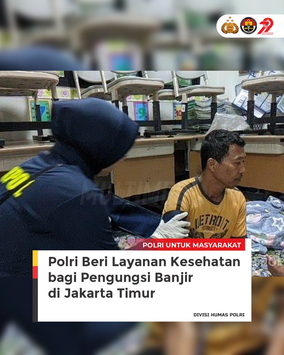 Tim Dokkes Polres Metro Jakarta Timur memberikan pelayanan kesehatan gratis bagi warga terdampak banjir di SDN Kampung Melayu 01, Jatinegara. Sebanyak 37 pengungsi mengikuti pemeriksaan kesehatan lapangan. Keluhan yang paling banyak ditemukan yaitu gatal-gatal, hipertensi, dan