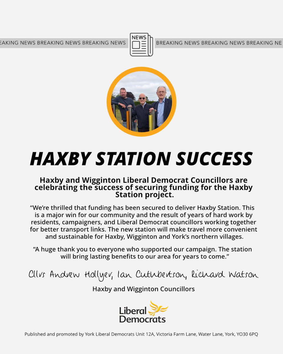 We are thrilled that funding has been secured to deliver Haxby station.

Thanks to all the local campaigners and Haxby's Liberal Democrat Councillors for making it happen 🥳🥳