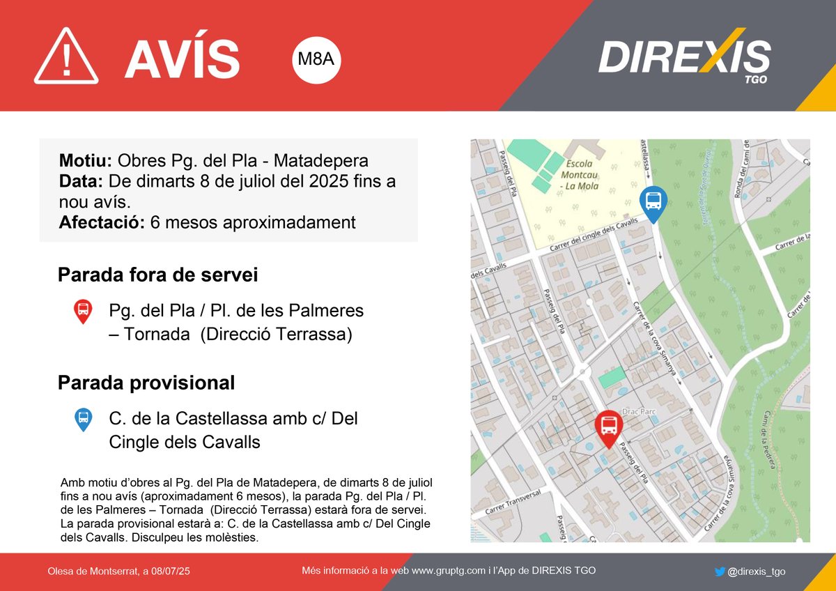 DIREXIS TGO (@direxis_tgo) on Twitter photo ⚠ Atenció #M8A <a href="/AjMatadepera/">Aj. Matadepera</a>
🗓 De dimarts 8 de juliol del 2025 fins a nou avís.
⛔ Parada fora de servei
Amb motiu d'obres al Pg. del Pla de #Matadepera, hi hauran parades fora de servei. Disculpeu les molèsties ⚠ Atenció #M8A <a href="/AjMatadepera/">Aj. Matadepera</a>
🗓 De dimarts 8 de juliol del 2025 fins a nou avís.
⛔ Parada fora de servei
Amb motiu d'obres al Pg. del Pla de #Matadepera, hi hauran parades fora de servei. Disculpeu les molèsties