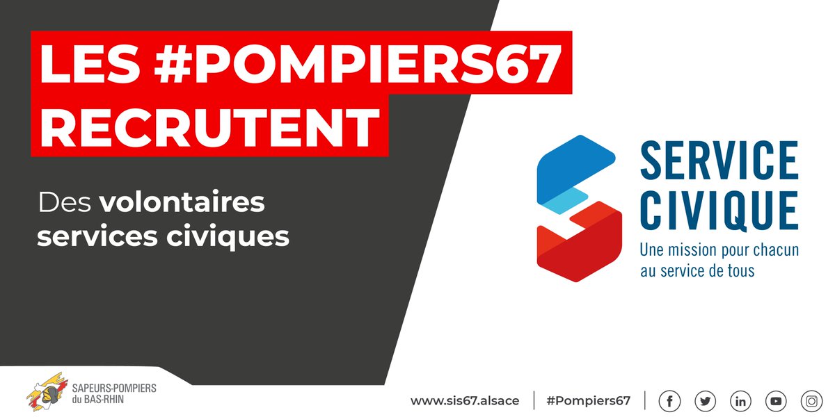 [ServiceCivique] Les #Pompiers67 recherchent des jeunes âgés de 16 à 25 ans, pour effectuer une mission de service civique notamment l'animation d’actions citoyennes dans les collèges. ▶️Plus d'infos sur sis67.alsace/fr/engagement-…