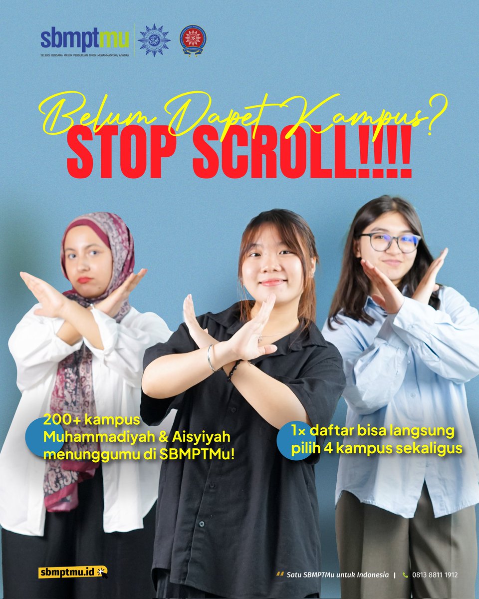 Temen-temen kamu udah pada daftar SBMPTMu, kamu kapan?

Tanpa buka banyak website! 
Cukup dengan sekali klik, kamu udah bisa daftar di 200+ kampus Muhammadiyah &amp; Aisyiyah dan bebas pilih 4 program studi sekaligus.

klik link bio kami untuk informasi lebih lanjut!