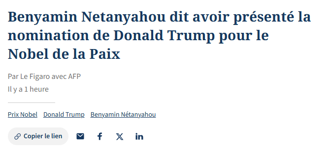 Benyamin Netanyahou, criminel de guerre, dit avoir proposé la candidature de Donald Trump, l’un de ses complices, pour le prix Nobel de la paix.