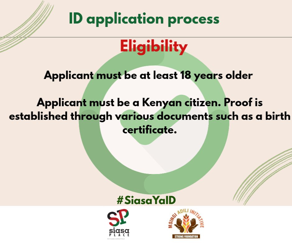 Msingi Adili initiative (@msingiadili) on Twitter photo Before starting your ID application, confirm that you meet the eligibility criteria
✅ You must be a Kenyan citizen by birth or registration
✅ You must be 18 years and above and have a valid birth certificate or not
#SiasaYaID. <a href="/siasaplace/">Siasa Place</a> Before starting your ID application, confirm that you meet the eligibility criteria
✅ You must be a Kenyan citizen by birth or registration
✅ You must be 18 years and above and have a valid birth certificate or not
#SiasaYaID. <a href="/siasaplace/">Siasa Place</a>