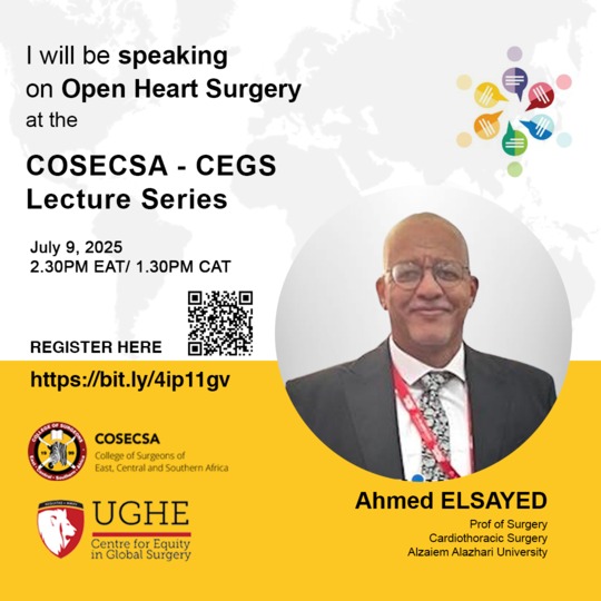 cosecsa's tweet image. Join us on July 9 at 2:30PM EAT for the COSECSA–CEGS Lecture Series!
🎤 Prof. Ahmed Elsayed speaks on Open Heart Surgery
🔗 bit.ly/4ip11gv
#GlobalSurgery #Cardiothoracic #COSECSA #openheart