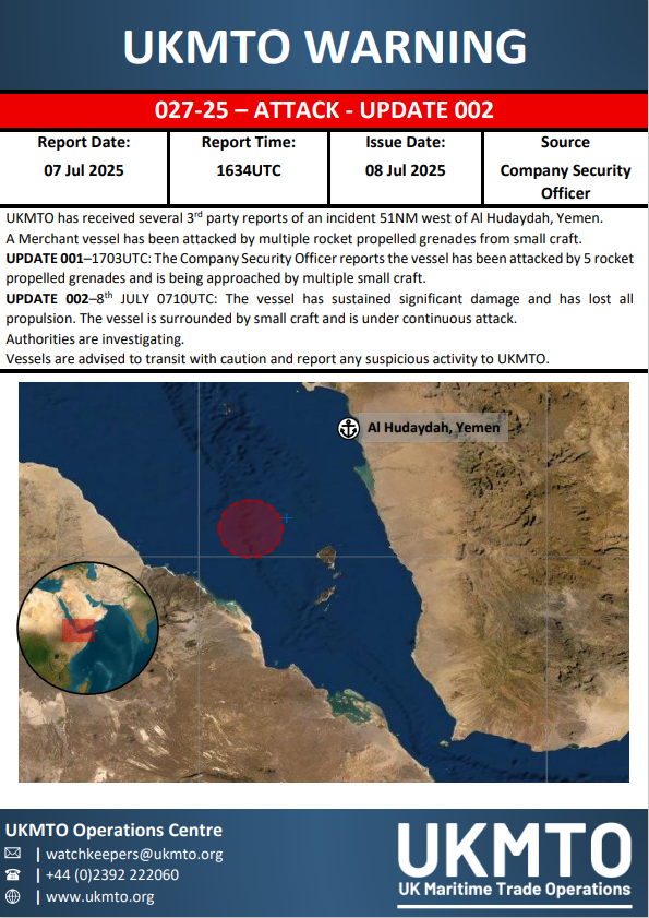 UK_MTO's tweet image. 20250708-UKMTO_WARNING_INCIDENT_027-25-UPDATE 002
ukmto.org/ukmto-products…
#MaritimeSecurity #MARSEC