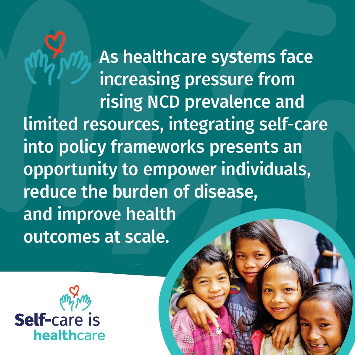 The time to act is now! Self-care must be prioritized as a central pillar of healthcare, and the global response to tackling the rise of non-communicable diseases.

Let's work together to improve global health. #SelfCareIsHealthcare #SelfCareIs
