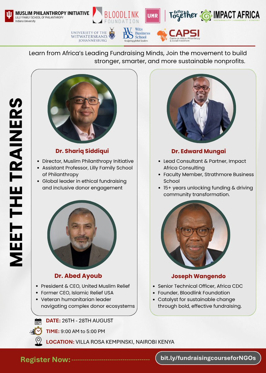 Joe Wangendo (@joe_wangendo) on Twitter photo 📢 Calling African NGOs!
Unlock your fundraising potential at the Executive Training on Fundraising for African NGOs 🗓️ 26–28 Aug 2025 📍Nairobi, Kenya
💡 2 days expert-led
🤝 Top trainers & networking
💵 $1,000 all-inclusive
🔗 Register: bit.ly/fundraisingcou…
<a href="/TheBloodLink/">Bloodlink Foundation</a> 📢 Calling African NGOs!
Unlock your fundraising potential at the Executive Training on Fundraising for African NGOs 🗓️ 26–28 Aug 2025 📍Nairobi, Kenya
💡 2 days expert-led
🤝 Top trainers & networking
💵 $1,000 all-inclusive
🔗 Register: bit.ly/fundraisingcou…
<a href="/TheBloodLink/">Bloodlink Foundation</a>