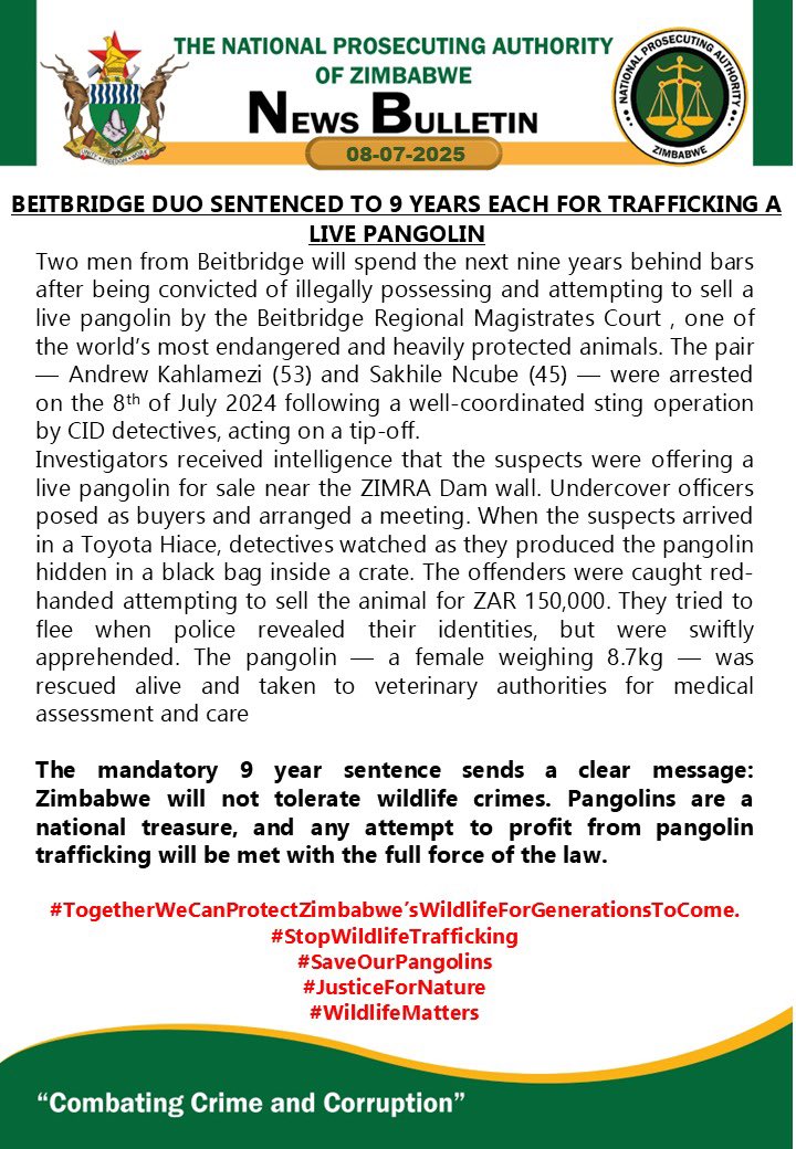 National Prosecuting Authority of Zimbabwe (@npazim) on Twitter photo Beitbridge Duo Sentenced to 9 Years for Trafficking a Live Pangolin
#CombatingCrimeAndCorruption
<a href="/gwasbuz/">george swarei</a> <a href="/ChronicleZim/">The Chronicle</a> <a href="/NewZimbabweCom/">NewZimbabwe.com</a> <a href="/ZBCNewsonline/">ZBC News Online</a> <a href="/DiamondFMZim/">Diamond Fm Zim News</a> <a href="/StarFMNews/">Star FM News</a> <a href="/realafrogazette/">AfroGazette News</a> <a href="/zimstar_news/">Zimstar News</a> <a href="/SundayNewsZimba/">Sunday News</a> <a href="/SundayMailZim/">The Sunday Mail (Zimbabwe)</a> <a href="/NewsDayZimbabwe/">NewsDay Zimbabwe</a> <a href="/263Chat/">263Chat.com 🇿🇼</a> <a href="/3KtvZim/">3Ktv</a> Beitbridge Duo Sentenced to 9 Years for Trafficking a Live Pangolin
#CombatingCrimeAndCorruption
<a href="/gwasbuz/">george swarei</a> <a href="/ChronicleZim/">The Chronicle</a> <a href="/NewZimbabweCom/">NewZimbabwe.com</a> <a href="/ZBCNewsonline/">ZBC News Online</a> <a href="/DiamondFMZim/">Diamond Fm Zim News</a> <a href="/StarFMNews/">Star FM News</a> <a href="/realafrogazette/">AfroGazette News</a> <a href="/zimstar_news/">Zimstar News</a> <a href="/SundayNewsZimba/">Sunday News</a> <a href="/SundayMailZim/">The Sunday Mail (Zimbabwe)</a> <a href="/NewsDayZimbabwe/">NewsDay Zimbabwe</a> <a href="/263Chat/">263Chat.com 🇿🇼</a> <a href="/3KtvZim/">3Ktv</a>