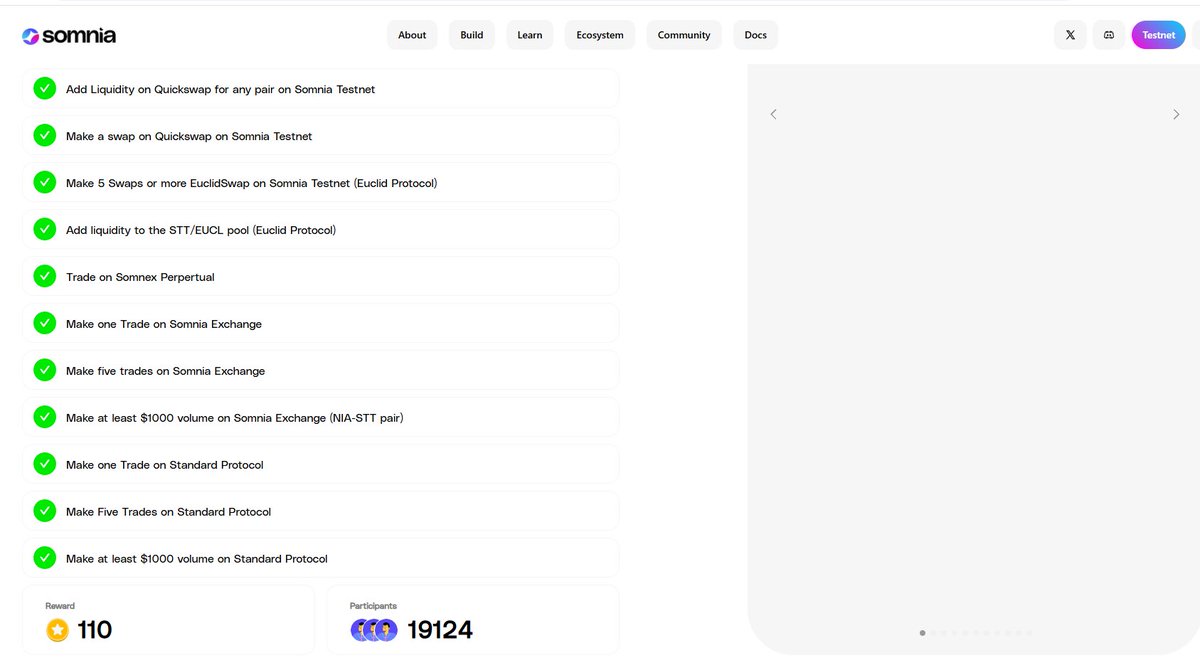 Viet+| Somdudu (@vietcong6868) on Twitter photo Update new Quest Somnia: Break Somnia Apps ⏳
After somniacs broke 1 billion transactions on <a href="/Somnia_Network/">Somnia - a Fully Onchain World</a>, team needs to quickly test applications in ecosystem.
*My feelings:
<a href="/somniaexchange/">Somnia.Exchange</a>: swap is still quite laggy, some orders are still broken -> need to fix more. Update new Quest Somnia: Break Somnia Apps ⏳
After somniacs broke 1 billion transactions on <a href="/Somnia_Network/">Somnia - a Fully Onchain World</a>, team needs to quickly test applications in ecosystem.
*My feelings:
<a href="/somniaexchange/">Somnia.Exchange</a>: swap is still quite laggy, some orders are still broken -> need to fix more.