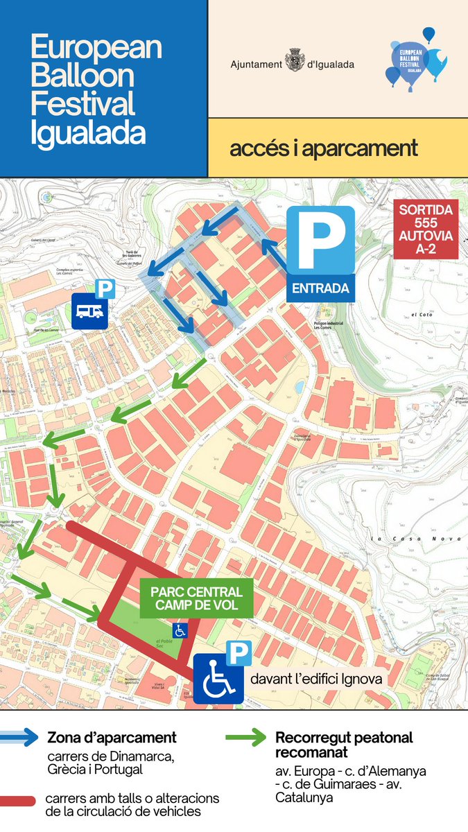 Informació sobre l'accés i zones d'aparcament ⤵

👉🚶🏽Si sou d'Igualada o municipis propers, veniu caminant! 

👉🅿 Si sou de fora, entreu per la sortida 555 de l'A2 i aparqueu als llocs habilitats.
Per dissabte, l'Ajuntament habilita de manera excepcional zones d'aparcament