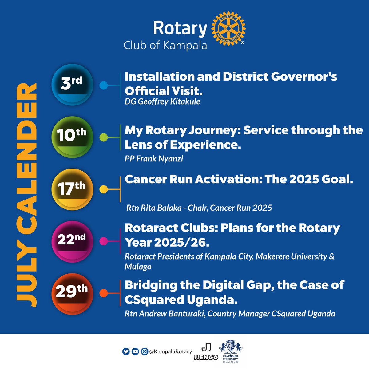 KampalaRotary's tweet image. ๐จ July is action-packed at @KampalaRotary!
From installations to impactful talks, we're set to Unite for Good every Thursday ๐
๐๏ธ DG Official Visit
๐๏ธ Cancer Run 2025
๐ Digital Inclusion
& more!
#RotaryEyamba | #RotaryKampala