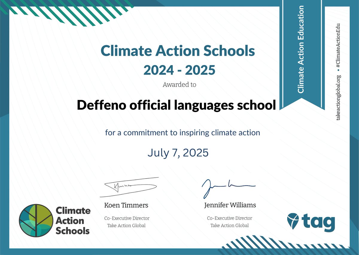Proud to share that Deffeno Official Languages School has received this certificate in recognition of our efforts this year! 🎉
Thank you to everyone who has been part of this journey.
#Education #Recognition 
#Proud #GlobalNetwork 
<a href="/koentimmers/">Koen Timmers #climateactionedu</a> <a href="/ClimateActionED/">Climate Action Project</a>